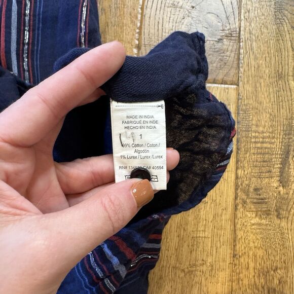 Anthropologie Sundry Dress Sz 1 Navy Striped Metallic Ruffle Midi Boho Peasant - Picture 7 of 8